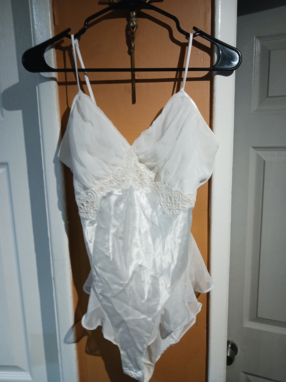 Vintage Victoria's Secret Shiny Satin Teddy Chiffon Flutter Bridal Lace. Size S